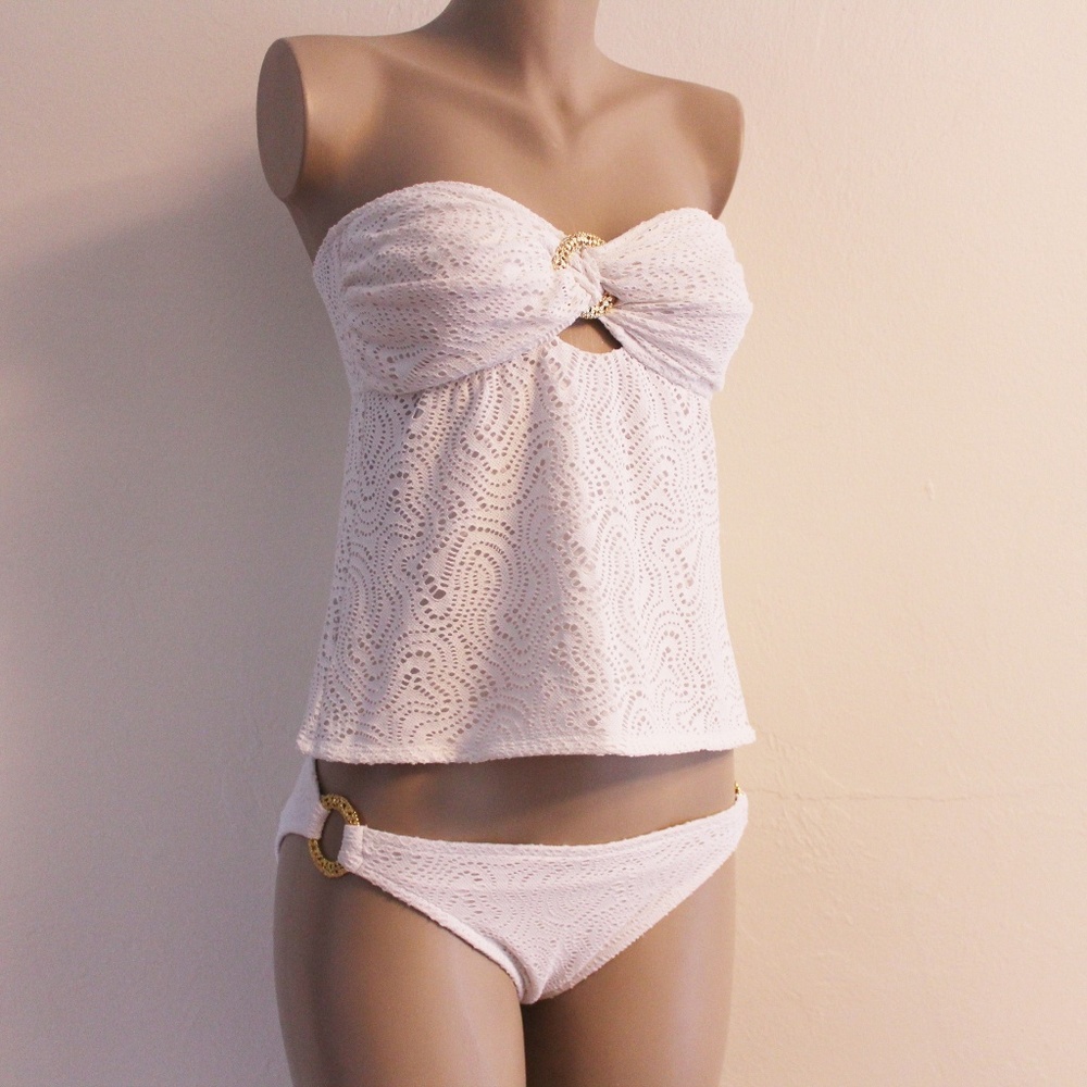 Trina Turk White Crochet O Ring Tankini Set